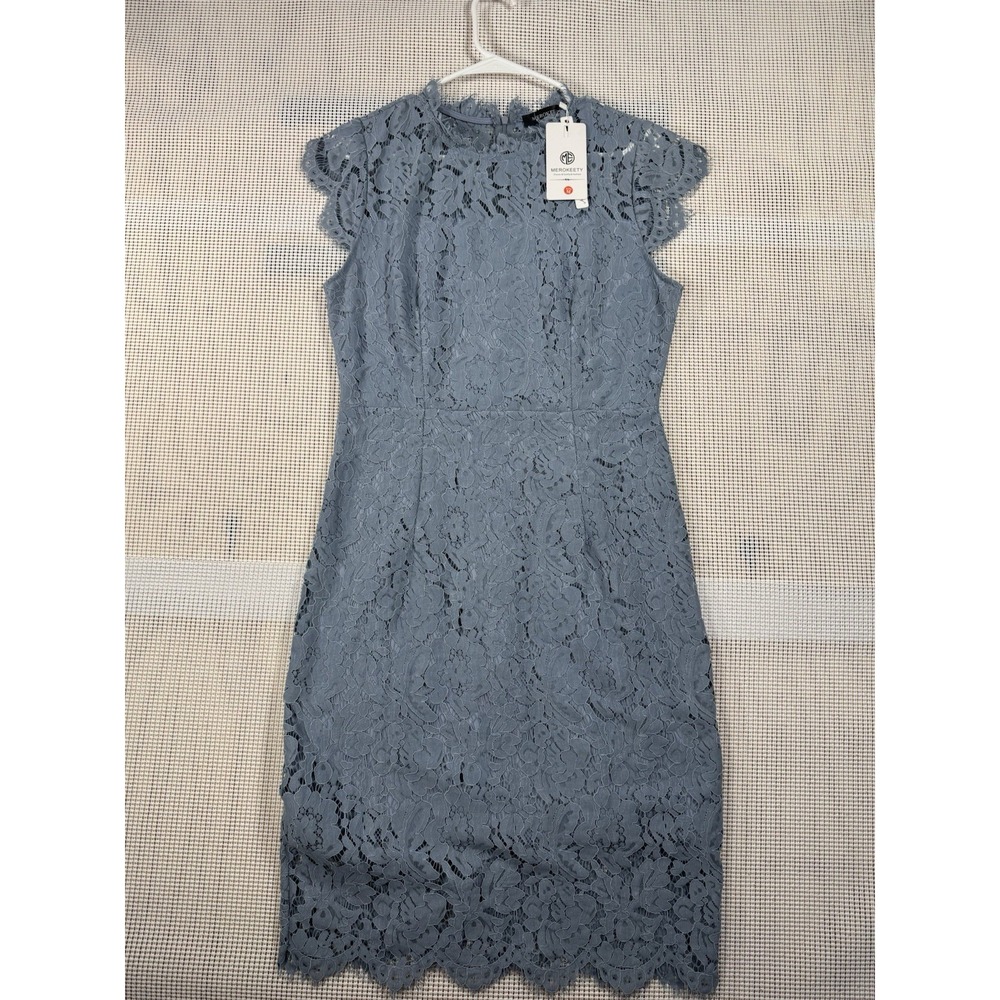 (671) MEROKEETY Women Lace Cocktail Dress Blue Gray Midi Sheath Size M NWT